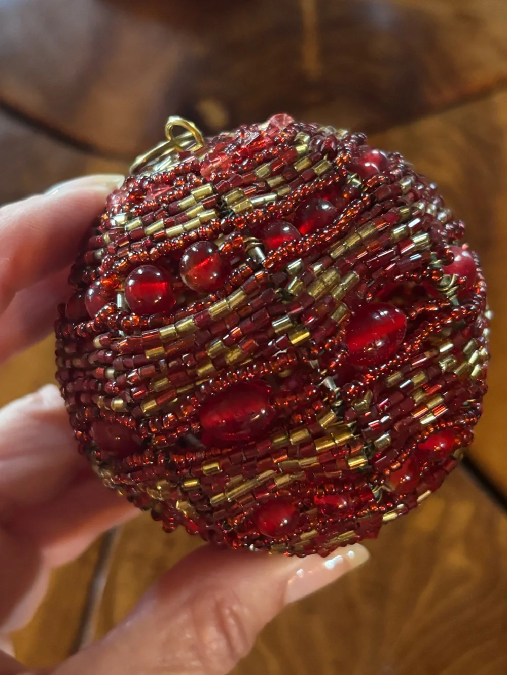 Handmade Beaded Christmas Ornament Red & Gold Glass Beads with Vintage Hook